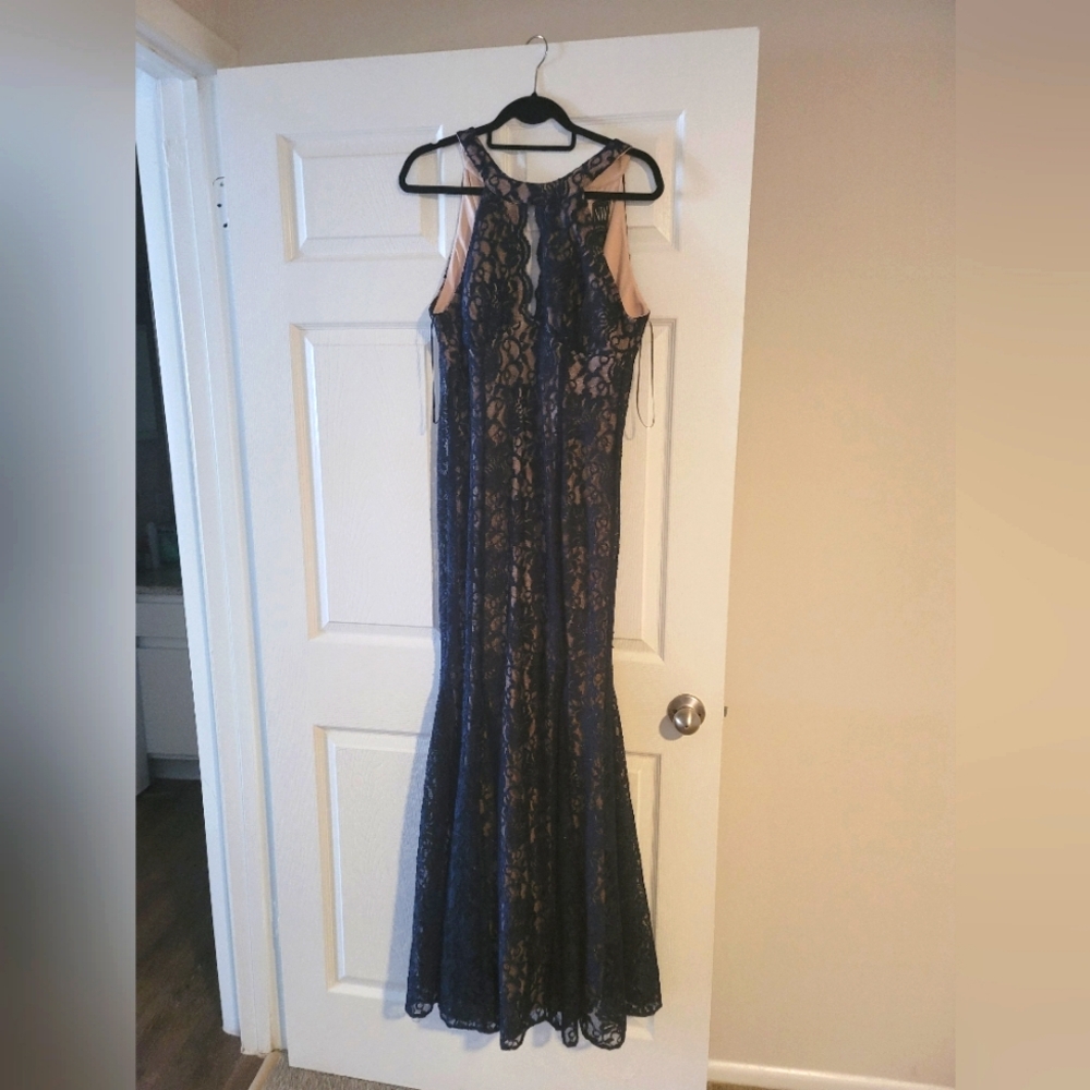 Navy blue and beige lace gown